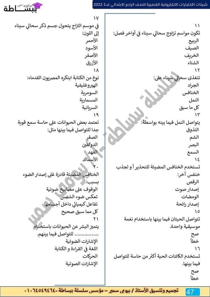 امتحانات في كل المواد للصف الرابع الابتدائي - اختبارات دراسات رابعة ابتدائي