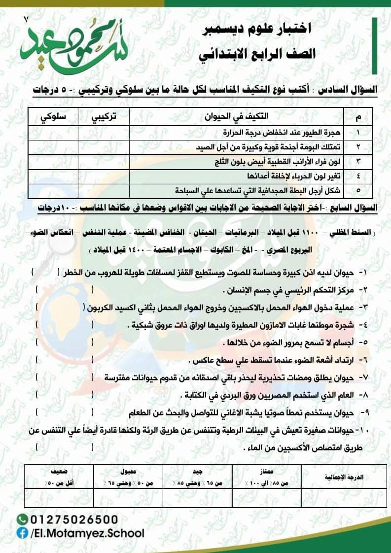 مراجعة منهج العلوم رابعة ابتدائي - اختبار علوم الكتروني