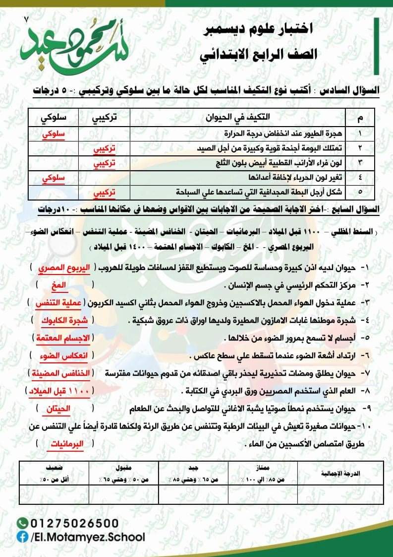 مراجعة منهج العلوم رابعة ابتدائي - اختبار علوم الكتروني