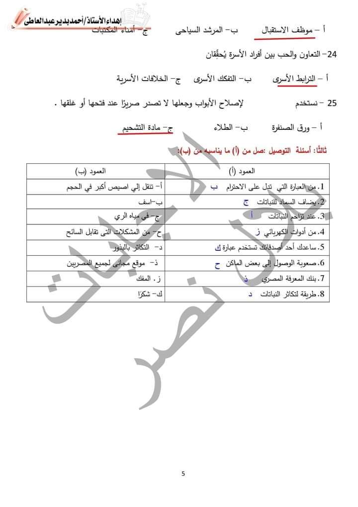 حل نماذج اسئلة الوزارة مهارات مهنية رابعة ابتدائي - اسئلة الوزارة دراسات رابعة