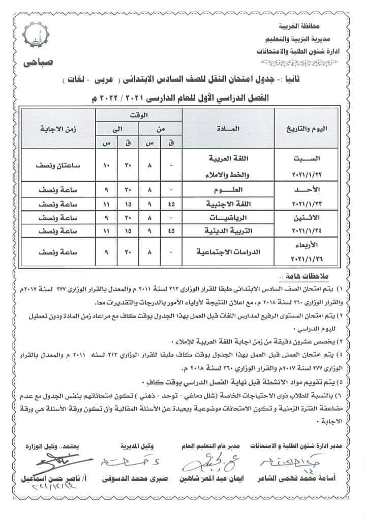 جدول امتحانات الترم الاول للصف السادس الابتدائي 2022 - الشرقية