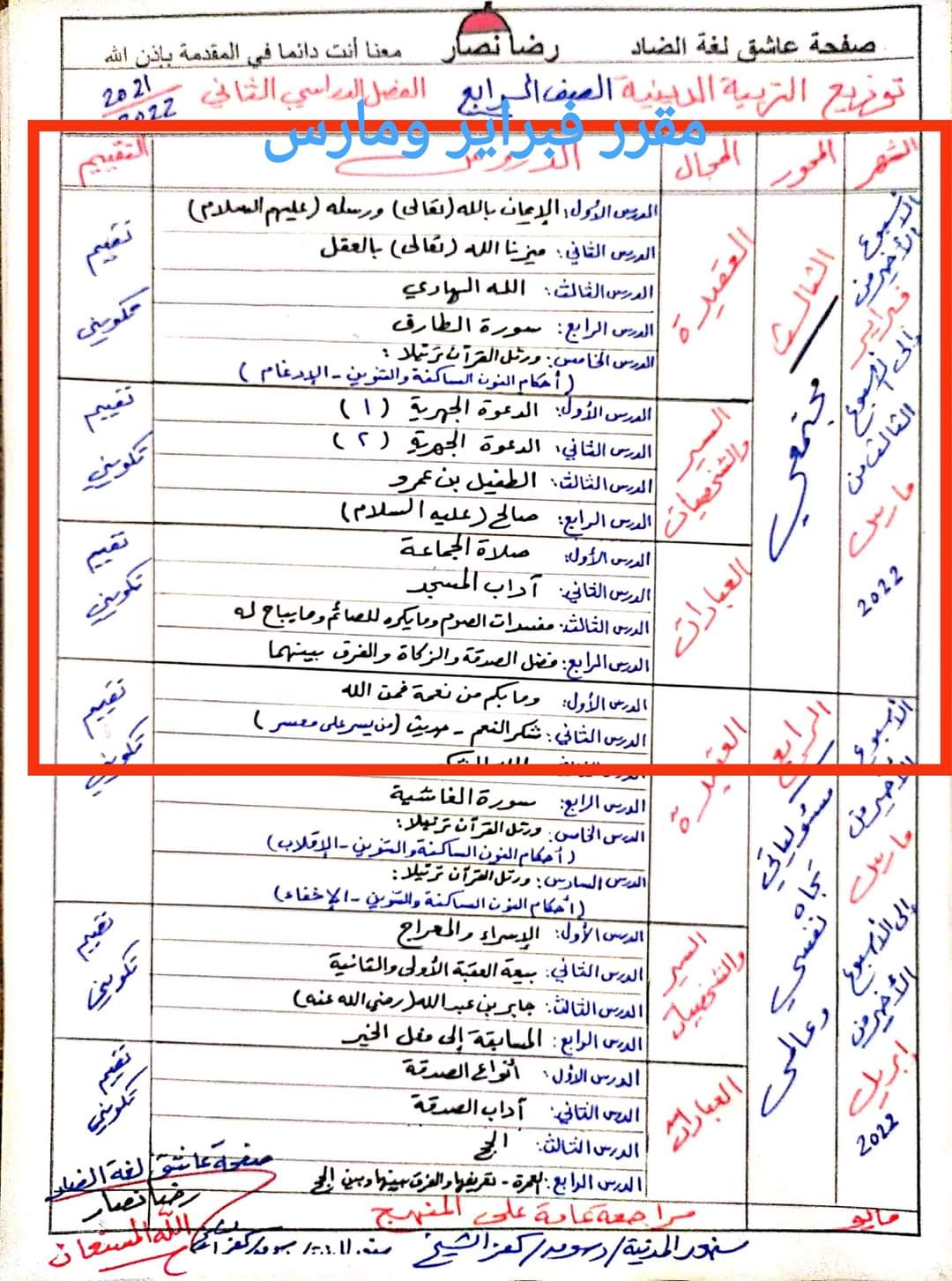 مقررات اختبار شهر مارس و ابريل كل مواد رابعة ابتدائي - اخبار رابعة ابتدائي