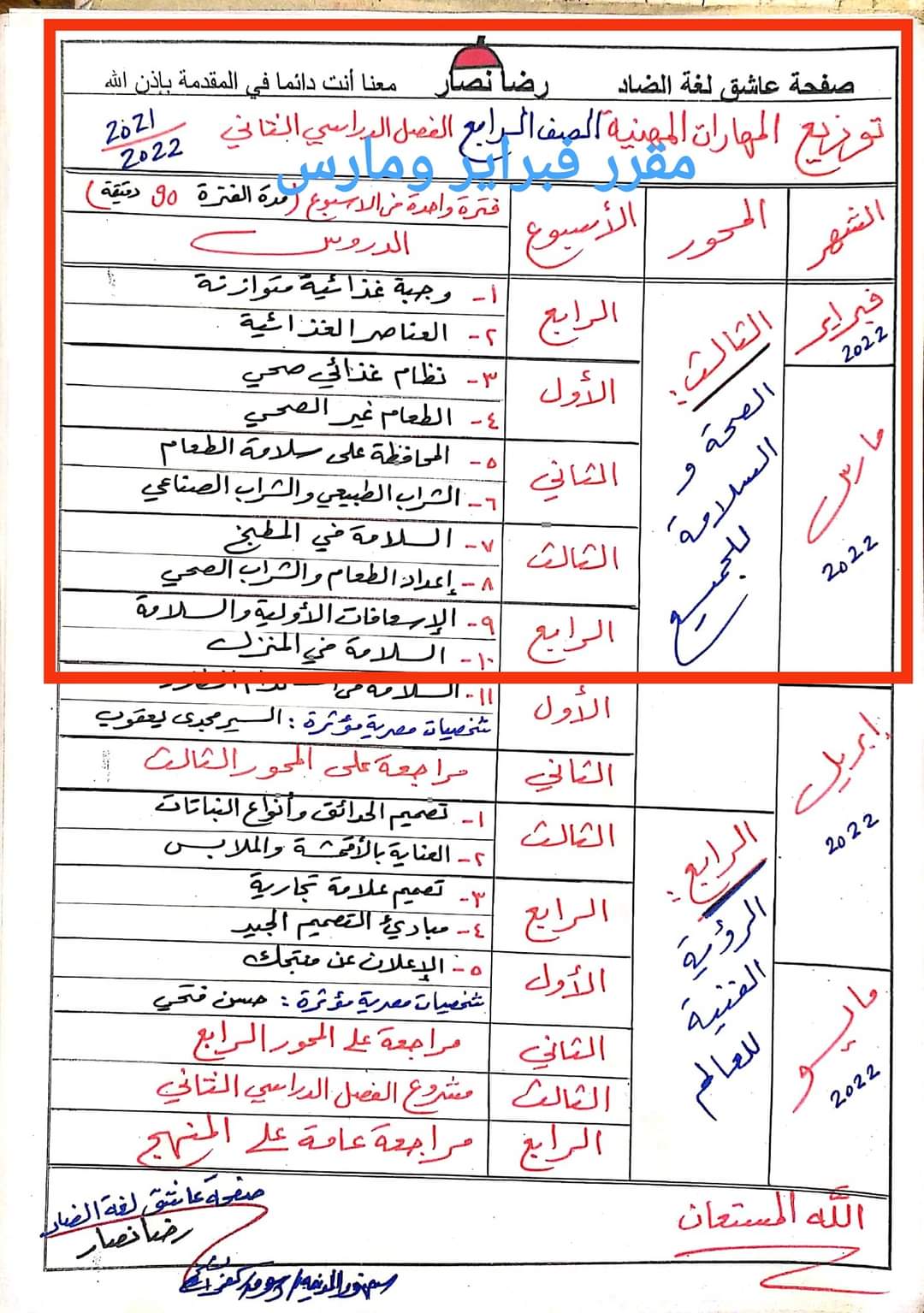 مقررات اختبار شهر مارس و ابريل كل مواد رابعة ابتدائي - اخبار رابعة ابتدائي