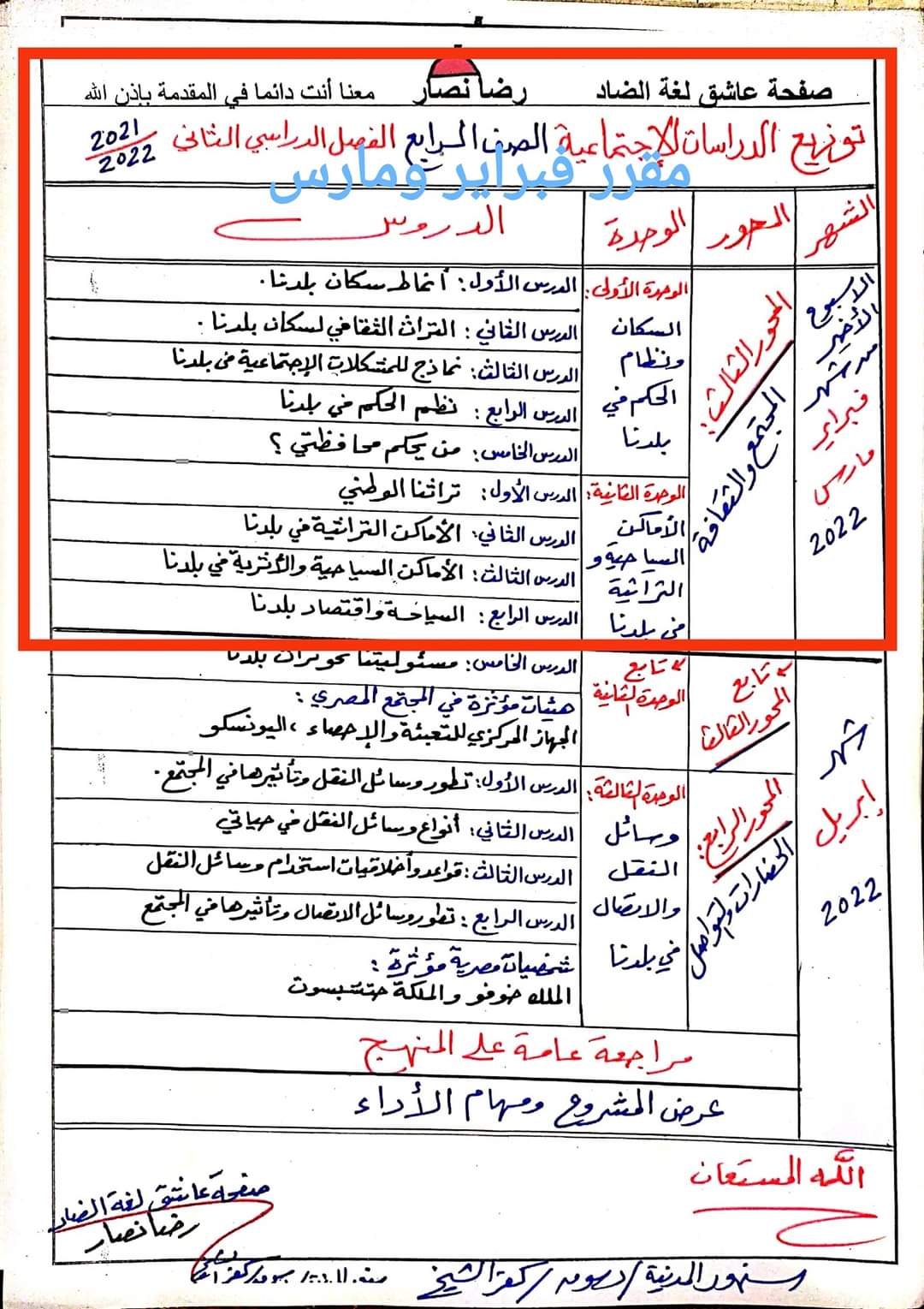 مقررات اختبار شهر مارس و ابريل كل مواد رابعة ابتدائي - اخبار رابعة ابتدائي