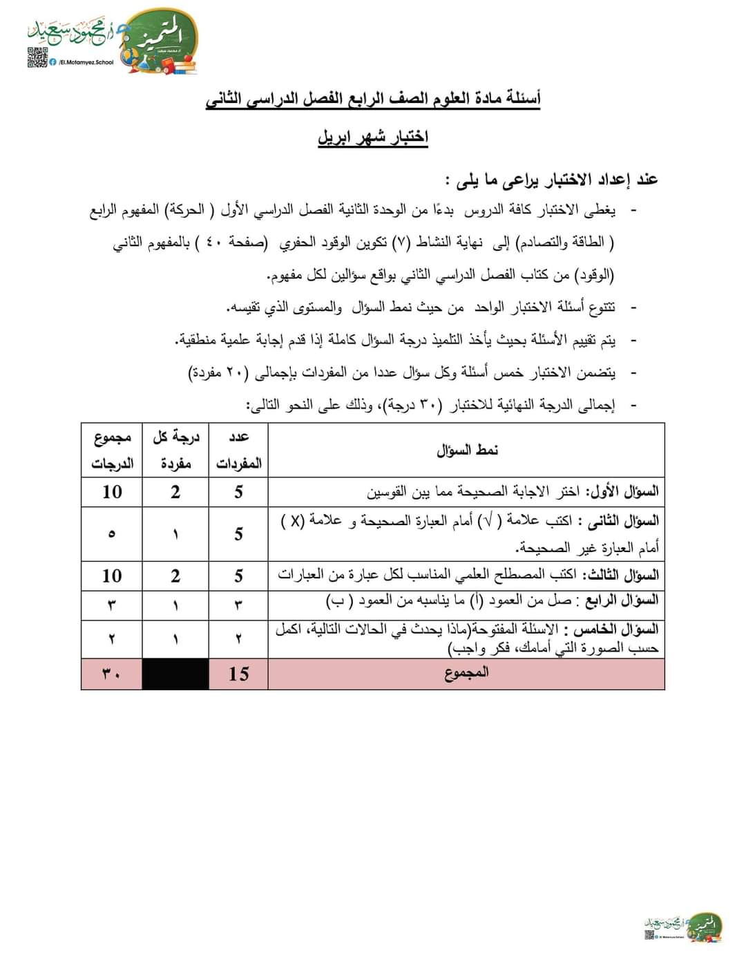 اجابة نماذج الوزارة الاسترشادية علوم رابعة ابتدائي الترم الثاني 2022 - اجابات نماذج الوزارة رابعة الترم الثاني