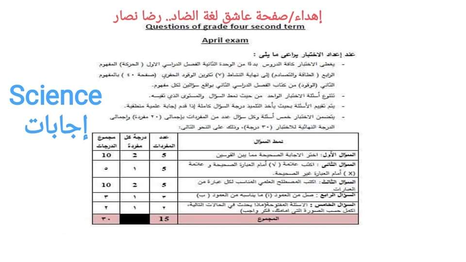 اجابات نماذج الوزارة ساينس science رابعة ابتدائي الترم الثاني 2022 - اجابة نماذج الوزارة الاسترشادية