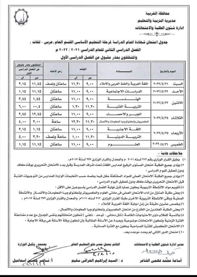 جداول امتحانات الغربية الترم الثاني 2022 - امتحانات الغربية