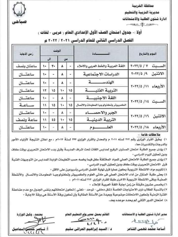 جداول امتحانات الغربية الترم الثاني 2022 - امتحانات الغربية