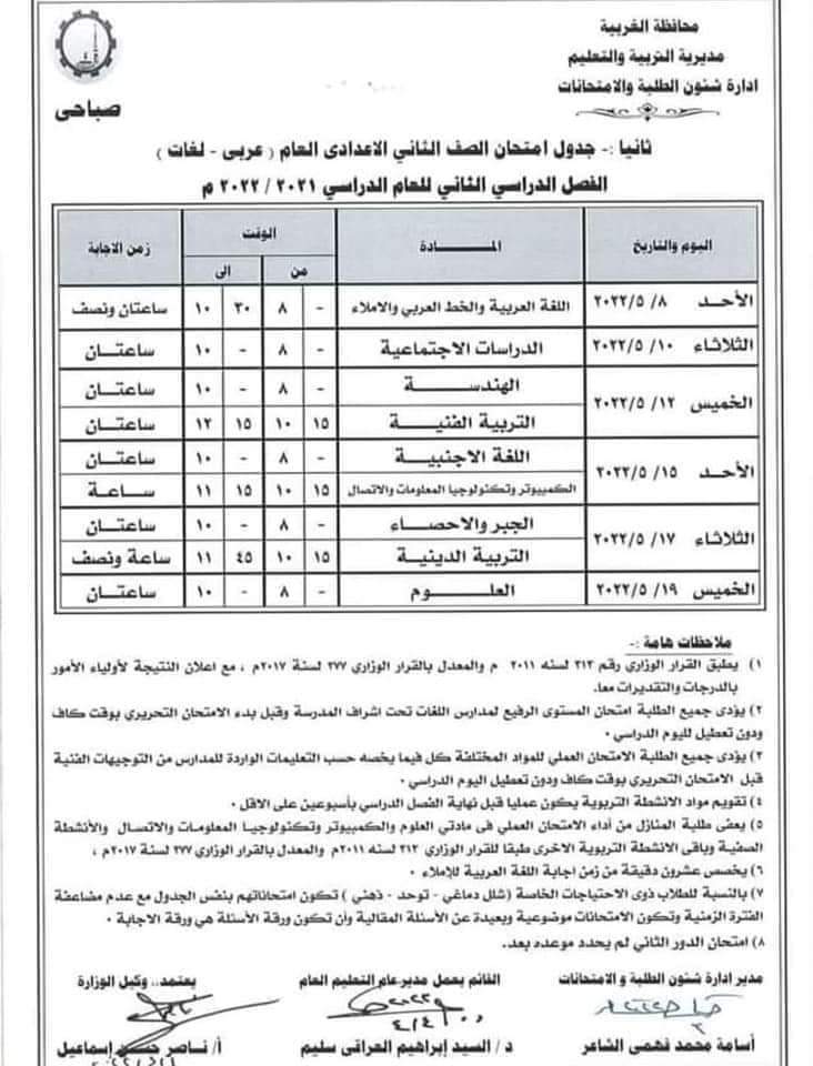 جداول امتحانات الغربية الترم الثاني 2022 - امتحانات الغربية