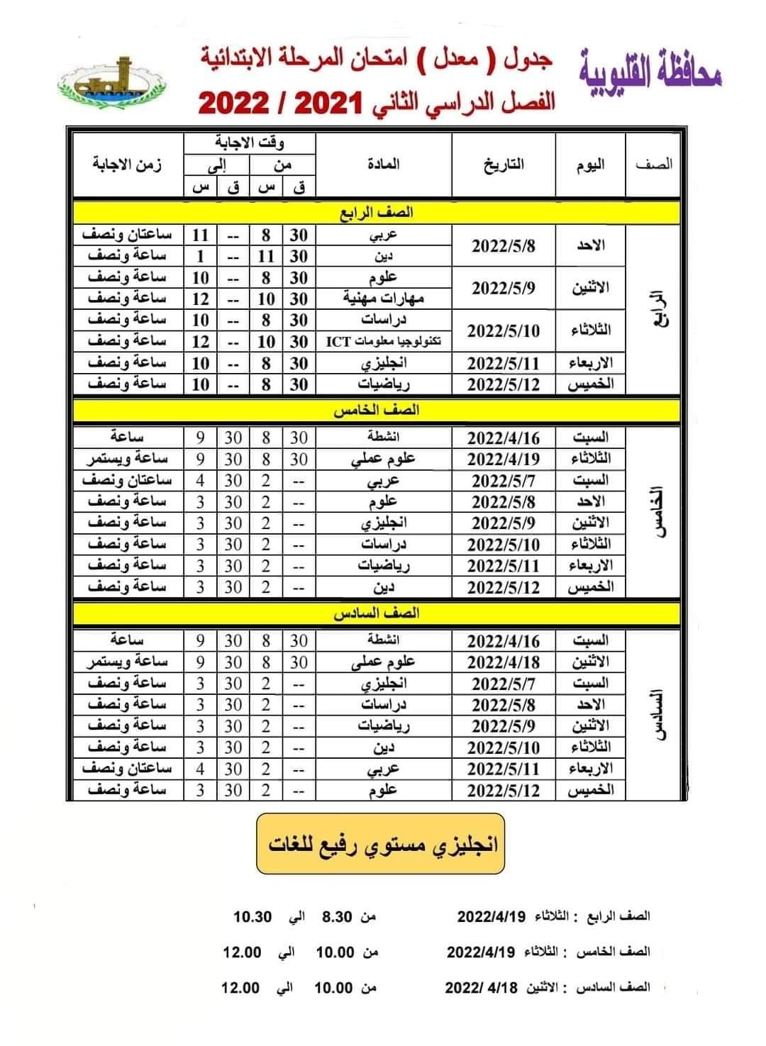 تعديل مواعيد امتحان القليوبية الترم الثاني 2022 - القليوبية