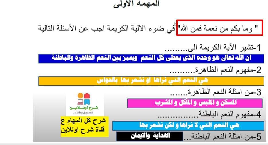 اجابة المهام الادائية تربية اسلامية رابعة ابتدائي الترم الثاني 2022 - اجابات المهام الادائية