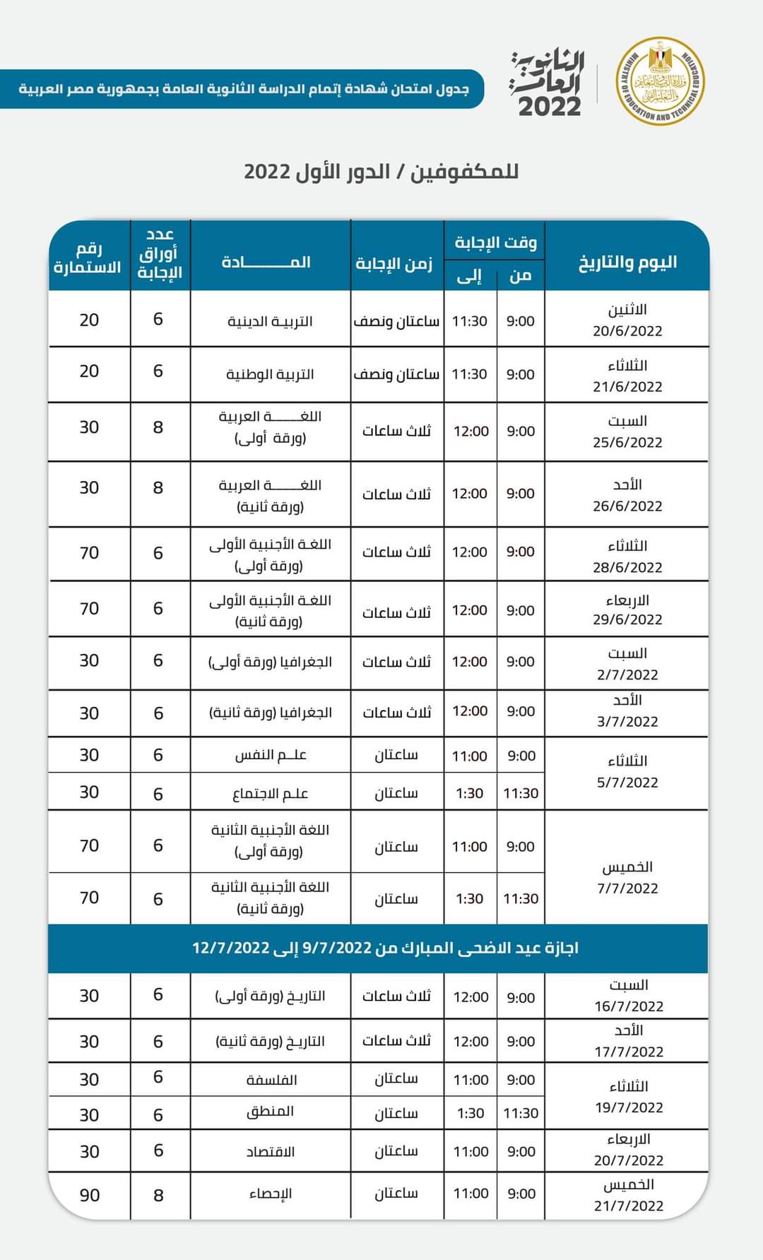 التعليم تعلن تعديل جدول امتحانات الثانوية العامة للطلاب المكفوفين - جدول الثانوية للمكفوفين