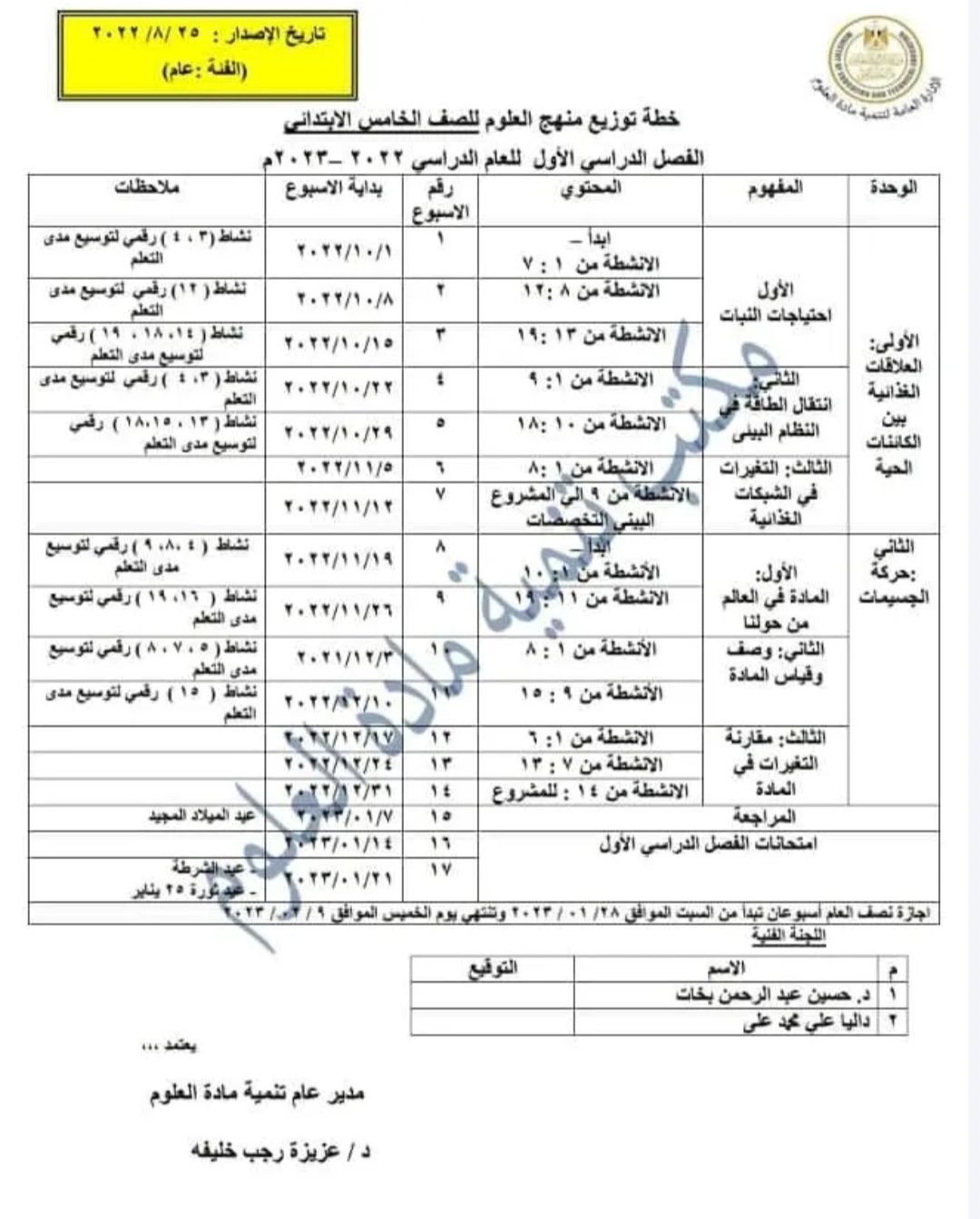 توزيع منهج العلوم للصف الخامس الابتدائي 2022 - 2023 - توزيع منهج العلوم