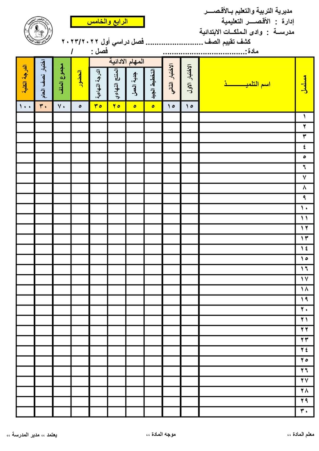 تحميل دفتر تقييمات المرحلة الابتدائية للعام الدراسي 2022 - 2023 - كشف تقييم المرحلة الابتدائية