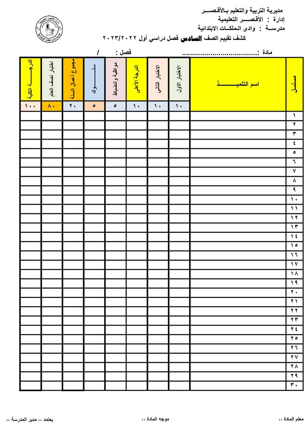 تحميل دفتر تقييمات المرحلة الابتدائية للعام الدراسي 2022 - 2023 - كشف تقييم المرحلة الابتدائية