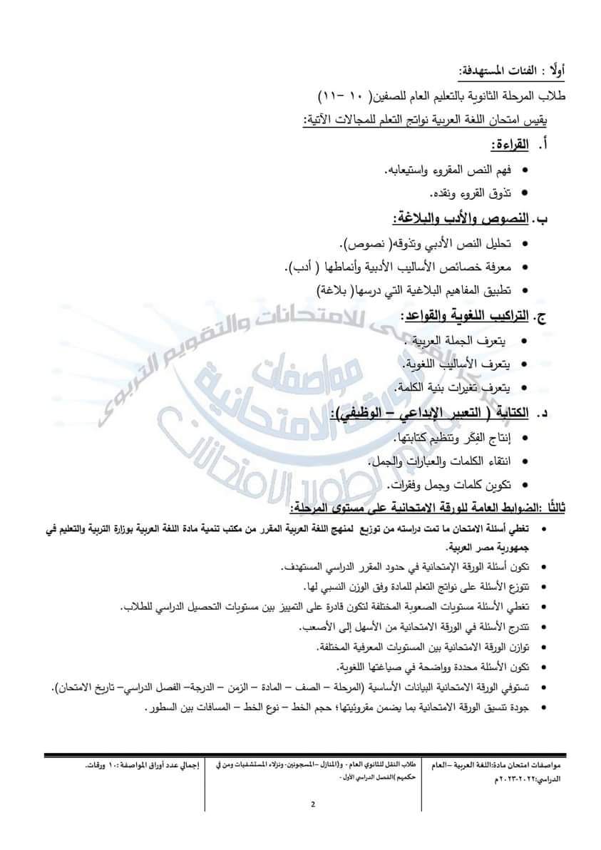 مواصفات الورقة الامتحانية الجديدة لغة عربية اولى و تانية ثانوي 2023 - مواصفات امتحانات اولى ثانوي