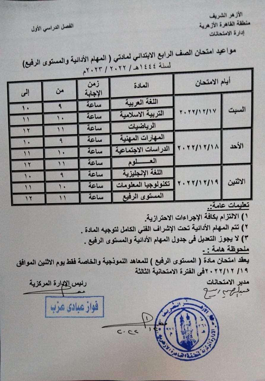 جدول امتحان الصف الرابع الابتدائي الترم الاول للمهام الأدائية والمستوي الرفيع - جدول المهام الادائية