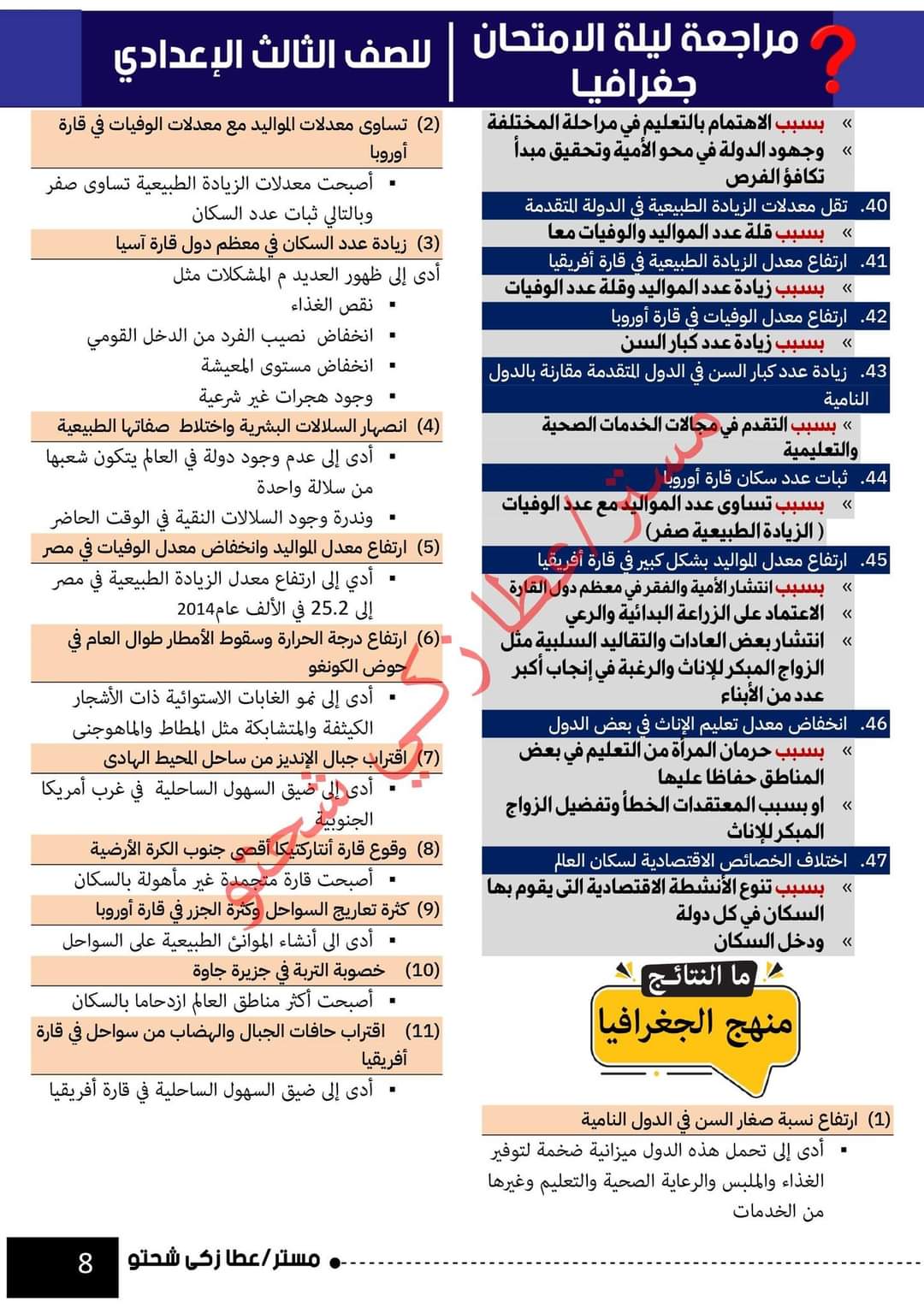 تحميل مراجعة ليلة الامتحان جغرافيا تالتة اعدادي الترم الاول 2023 - تحميل مذكرات عطا زكي شحتو