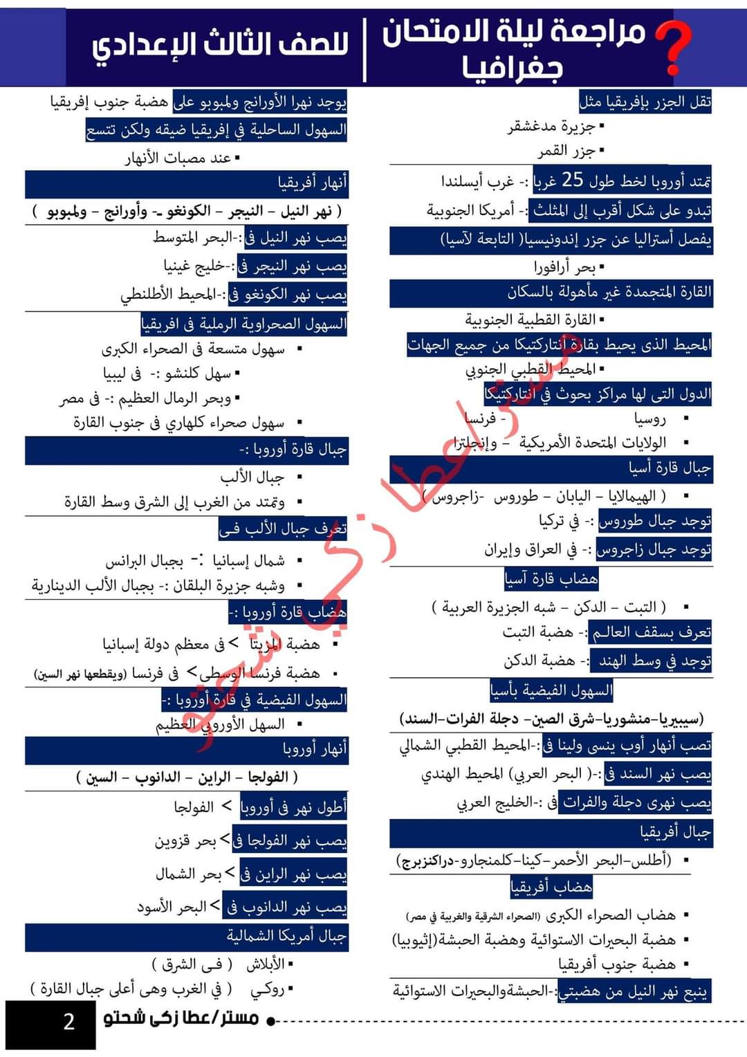 تحميل مراجعة ليلة الامتحان جغرافيا تالتة اعدادي الترم الاول 2023 - تحميل مذكرات عطا زكي شحتو