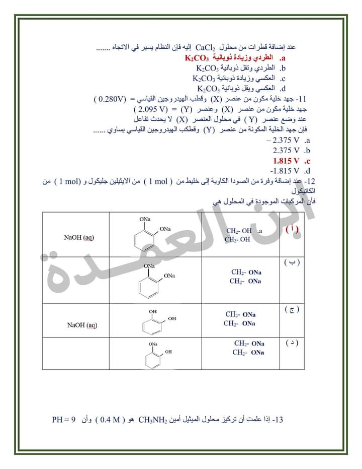 نموذج اجابة امتحان الكيمياء للثانوية العامة 2023