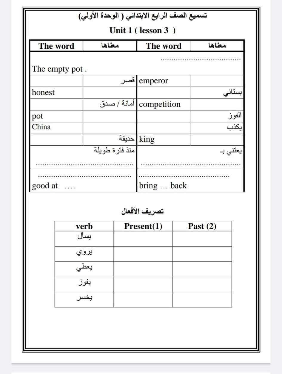 ملزمة تسميع لغة انجليزية للصف الرابع الابتدائي الترم الاول