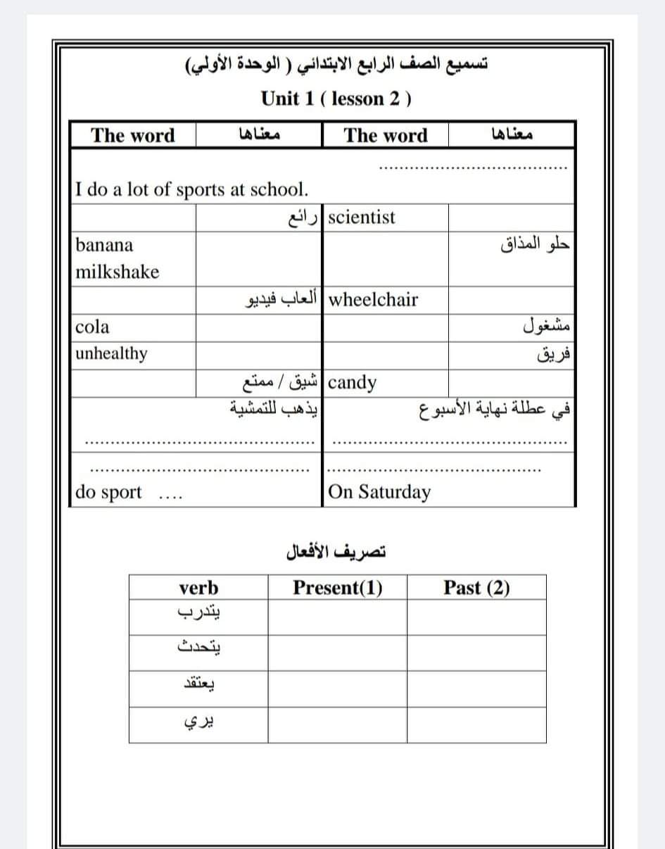 ملزمة تسميع لغة انجليزية للصف الرابع الابتدائي الترم الاول