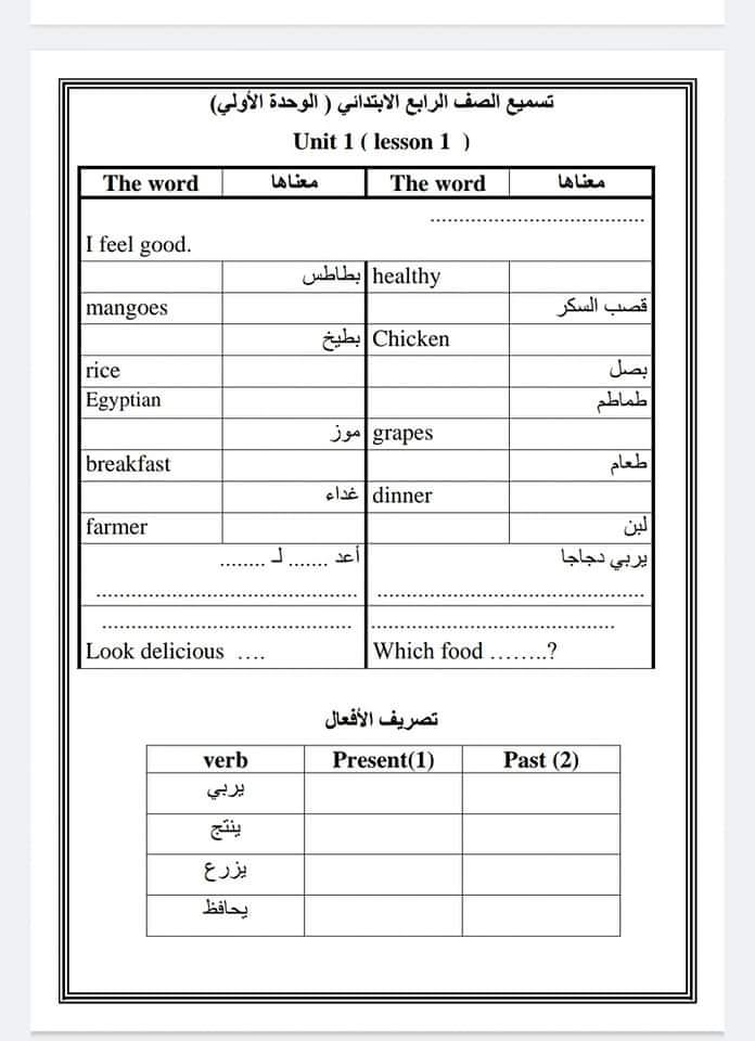 ملزمة تسميع لغة انجليزية للصف الرابع الابتدائي الترم الاول