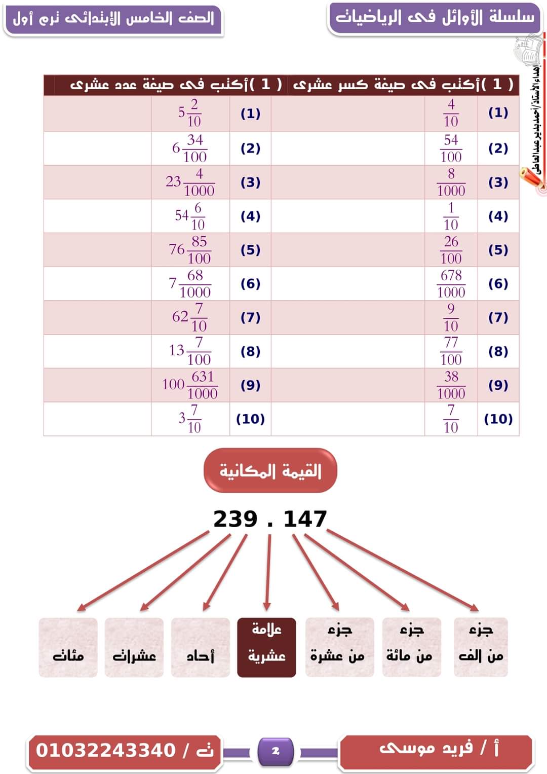 ملزمة الأوائل رياضيات الصف الخامس الابتدائي الترم الاول