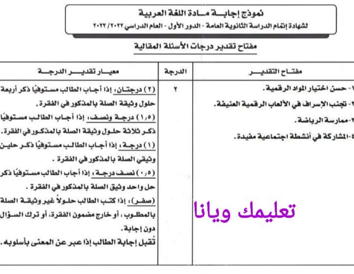 نموذج الاجابة الرسمي للثانوية العامة مادة اللغة العربية 2023 مع توزيع الدرجات