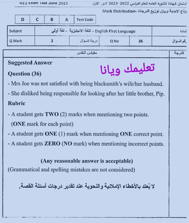 نموذج الاجابة الرسمي للثانوية العامة مادة اللغة الانجليزية 2023 مع توزيع الدرجات