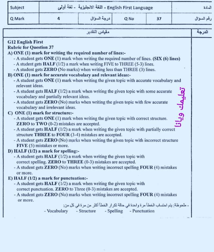 نموذج الاجابة الرسمي للثانوية العامة مادة اللغة الانجليزية 2023 مع توزيع الدرجات