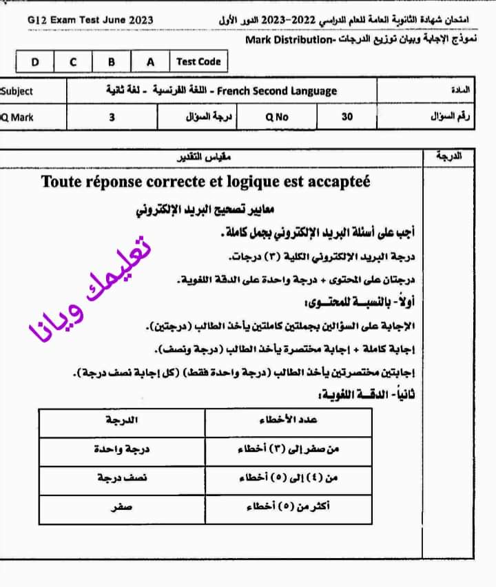 نموذج الاجابة الرسمي للثانوية العامة مادة اللغة الفرنسية 2023 مع توزيع الدرجات