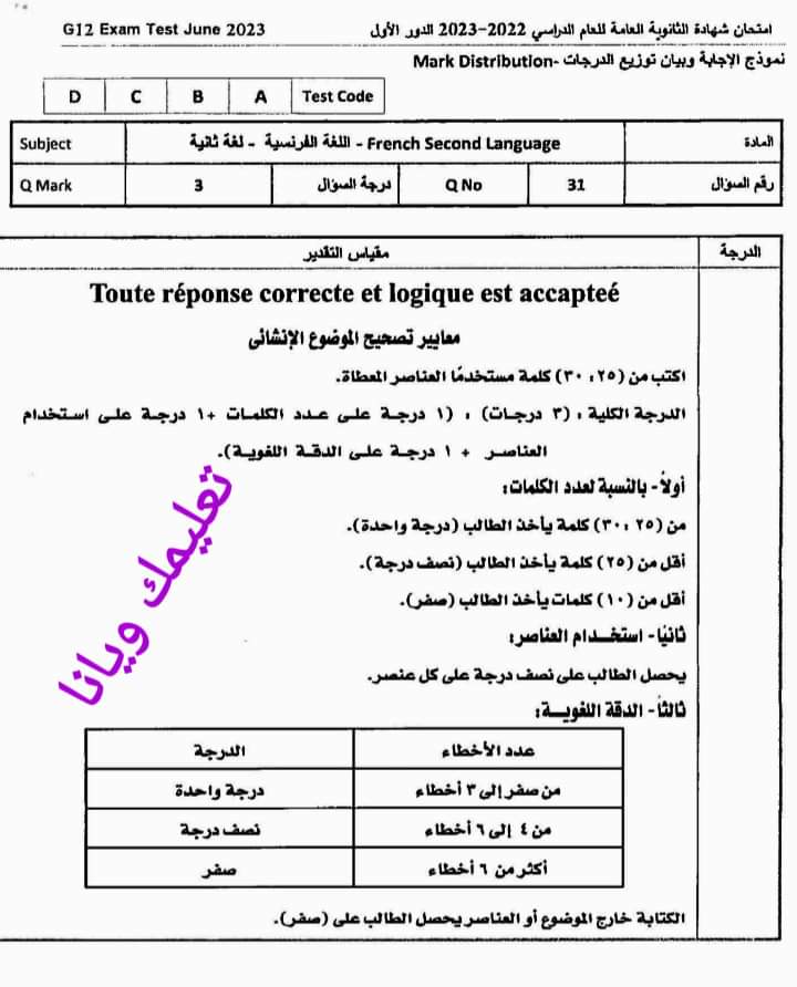 نموذج الاجابة الرسمي للثانوية العامة مادة اللغة الفرنسية 2023 مع توزيع الدرجات