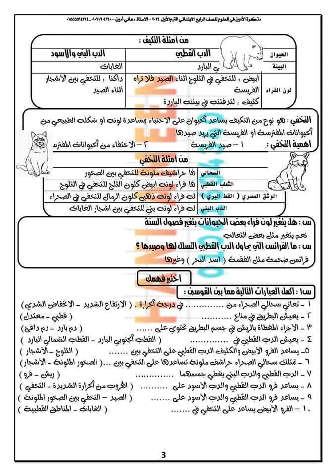 تحميل مذكرة الأمين في العلوم رابعة ابتدائي الترم الاول