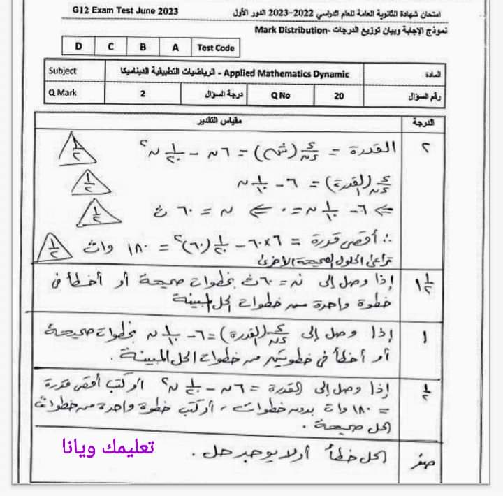 نموذج الاجابة الرسمي مادة الجبر والهندسة الفراغية للثانوية العامة 2023 مع توزيع الدرجات