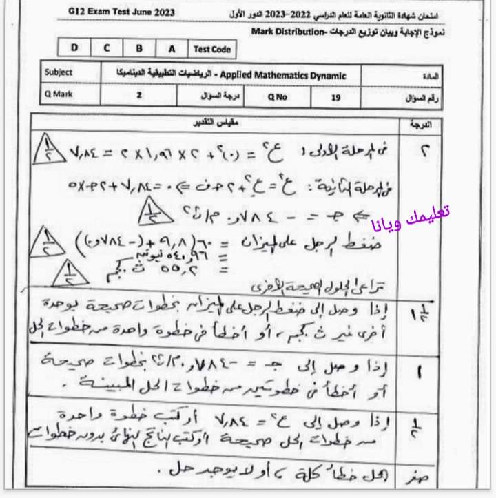 نموذج الاجابة الرسمي مادة الجبر والهندسة الفراغية للثانوية العامة 2023 مع توزيع الدرجات