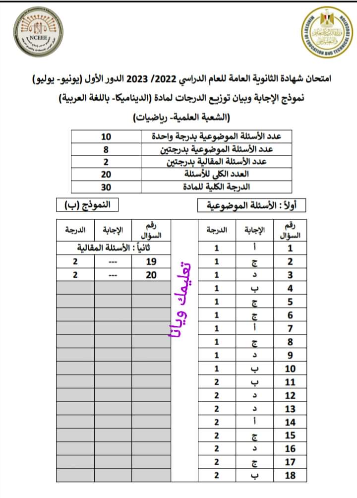 نموذج الاجابة الرسمي مادة الديناميكا للثانوية العامة 2023 مع توزيع الدرجات