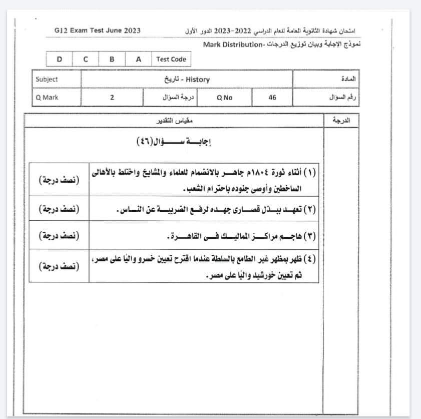 نموذج الاجابة الرسمي مادة التاريخ للثانوية العامة 2023 مع توزيع الدرجات