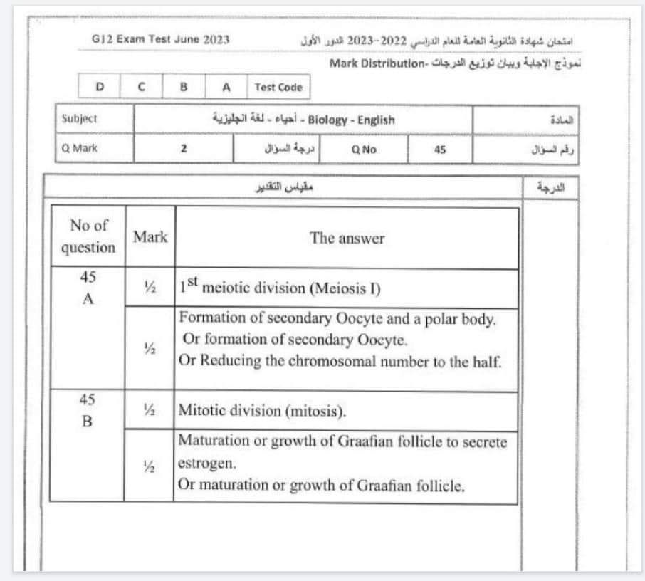 نموذج الإجابة الرسمي للوزارة لامتحان مادة الأحياء لغات 2023