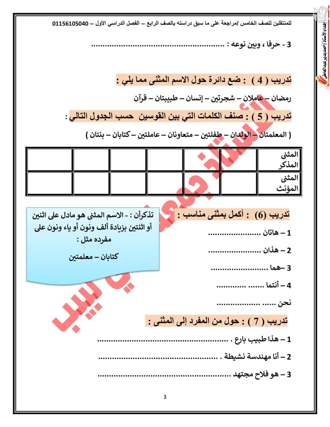 مذكرة تنشيط في اللغة العربية للصف الخامس الابتدائي 2024