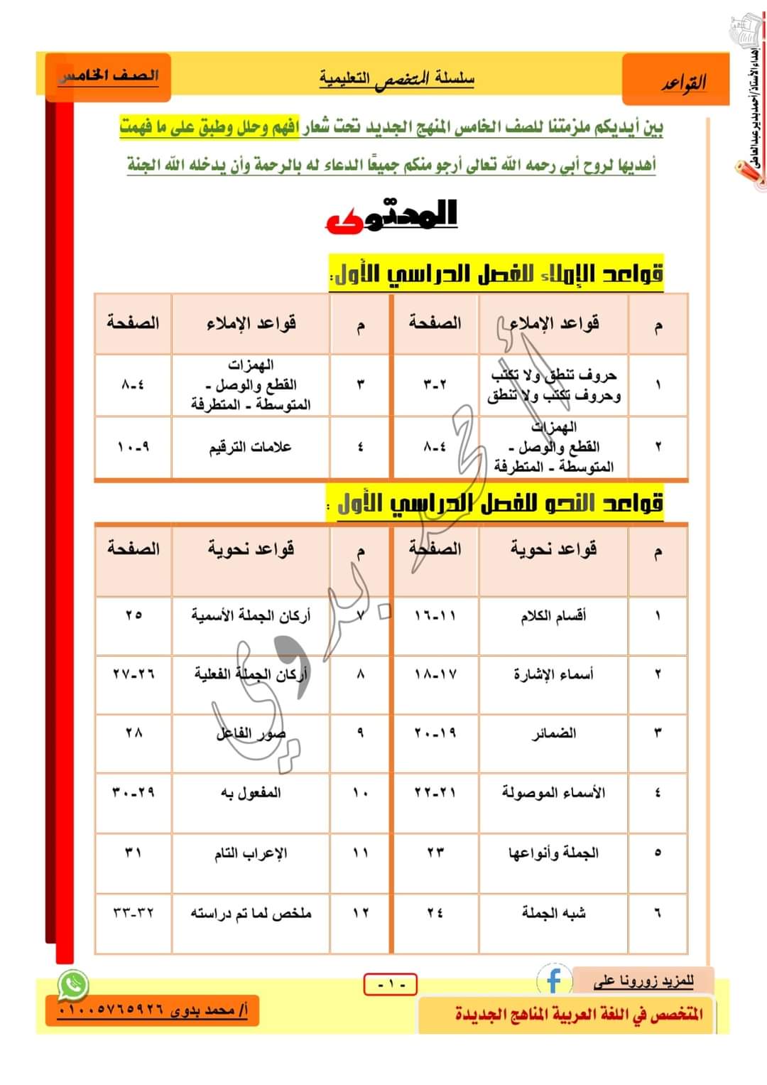 ملزمة المتخصص في النحو للصف الخامس الابتدائي الترم الاول