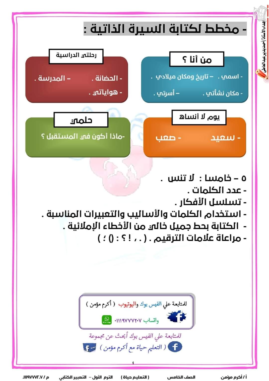 ملزمة الكتابة السردية للصف الخامس الابتدائي ترم أول الأستاذ أكرم مؤمن