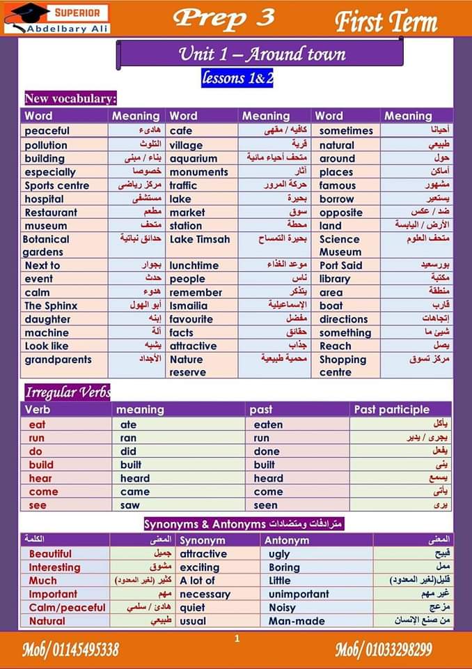 ملزمة شرح وتدريبات اللغة الانجليزية للشهادة الاعدادية الترم الاول