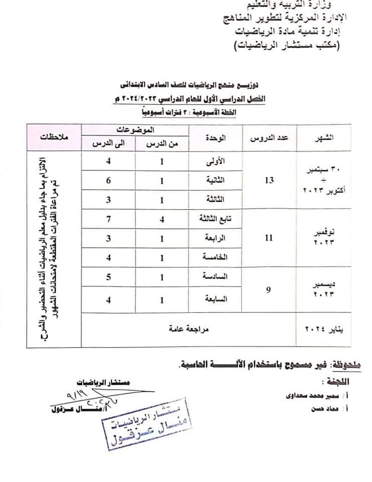 توزيع منهج الرياضيات المرحلة الابتدائية للعام 2023/2024