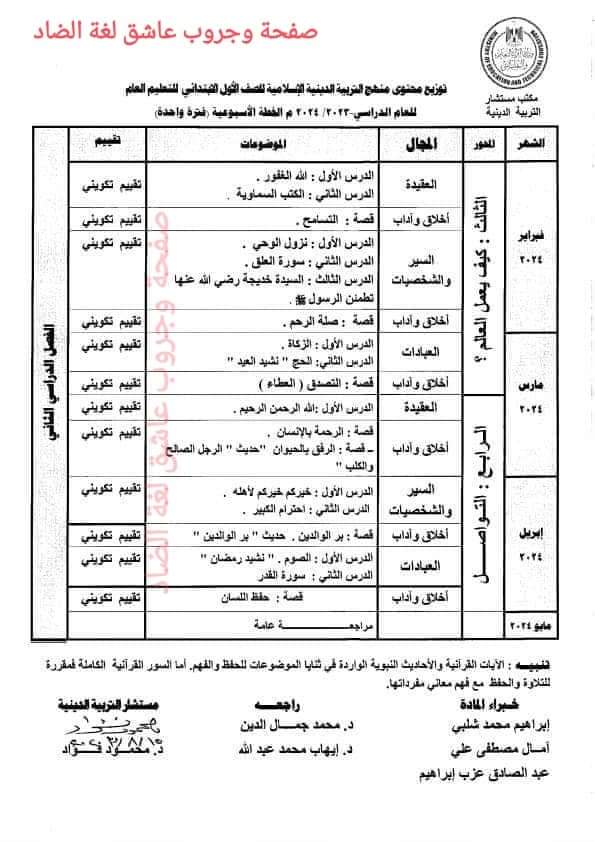 توزيع منهج التربية الدينية الاسلامية للمرحلة الابتدائية للعام الدراسي 2023 - 2024