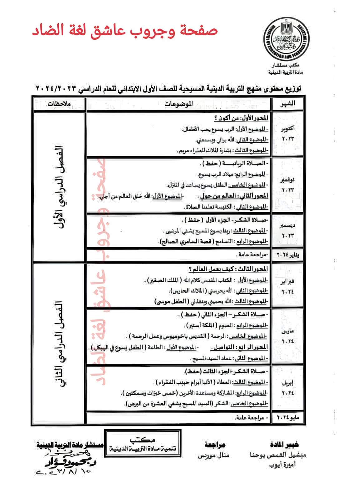 توزيع منهج التربية المسيحية للمرحلة الابتدائية 2024