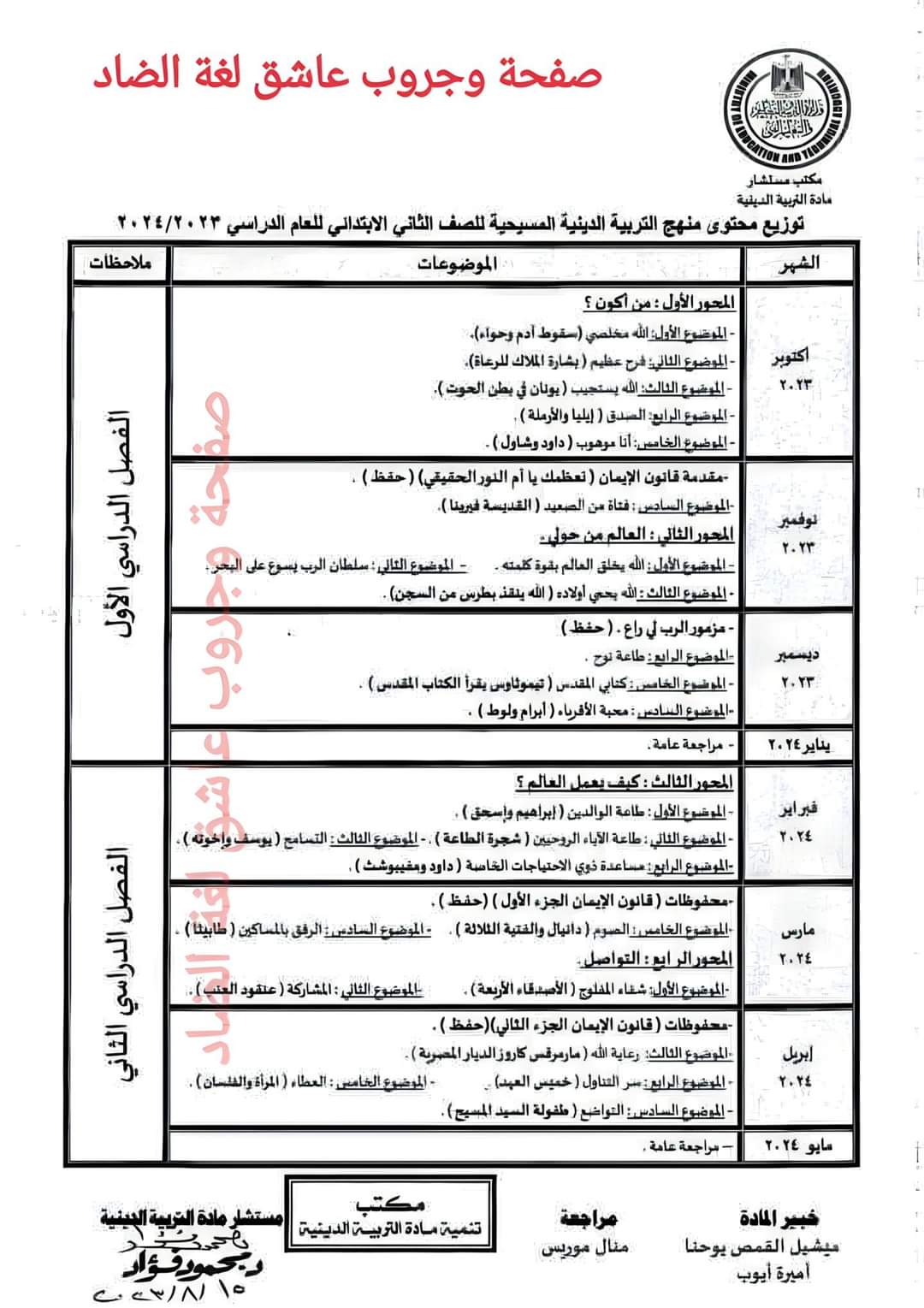 توزيع منهج التربية المسيحية للمرحلة الابتدائية 2024