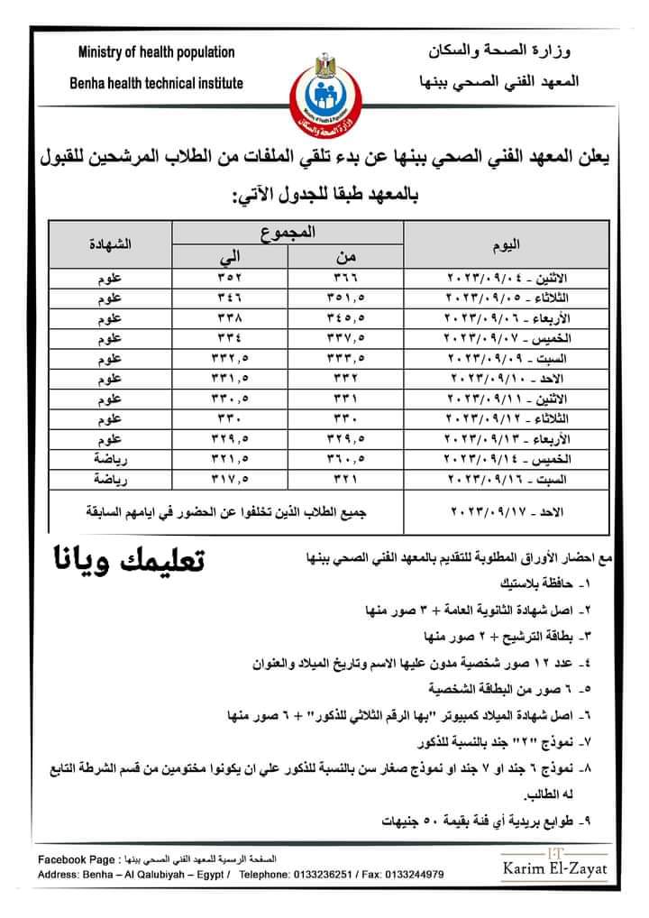 مواعيد بدء استلام ملفات الطلاب المرشحين للقبول بالمعهد الفنى الصحى ببنها (ثانوية عامة علوم ورياضة) للعام الدراسي 2023 - 2024