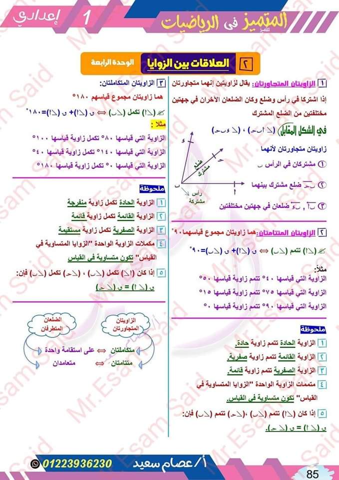 مذكرة شرح وتدريبات الهندسة للصف الاول الاعدادي الترم الاول