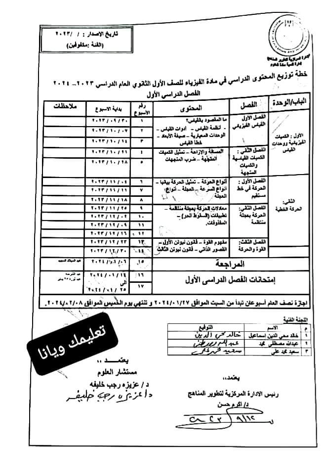 خطة توزيع منهج الفيزياء لصفوف المرحلة الثانوية للعام الدراسي 2023 - 2024